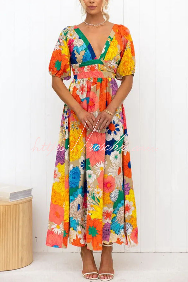 Frenzy Printed Puff Sleeve Back Smocked Maxi Dress
