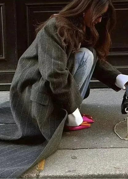 Pinstripe Long Woolen Coat - and Minimalist