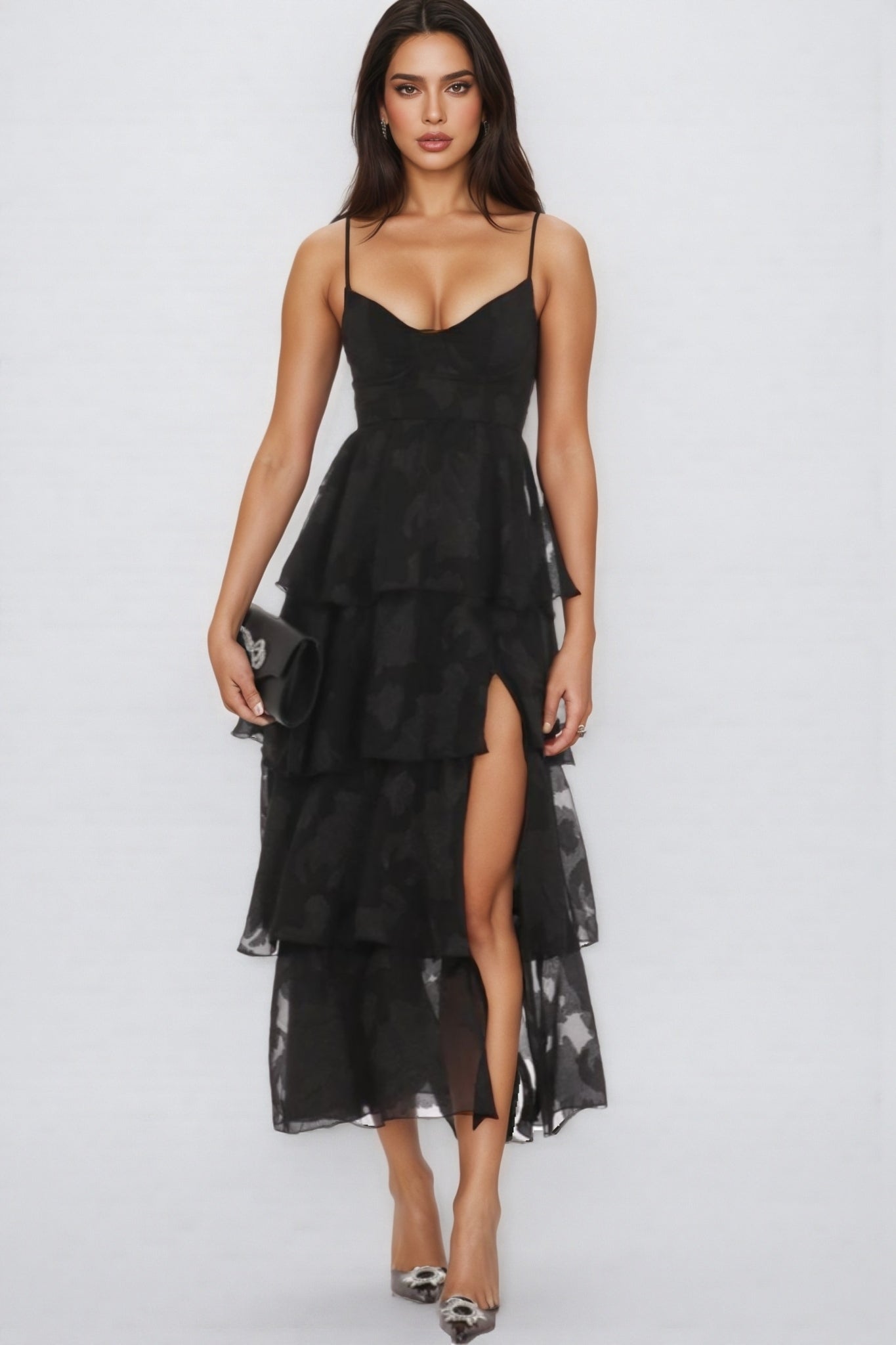 Thomle Black Ruffle A-line Maxi Dress