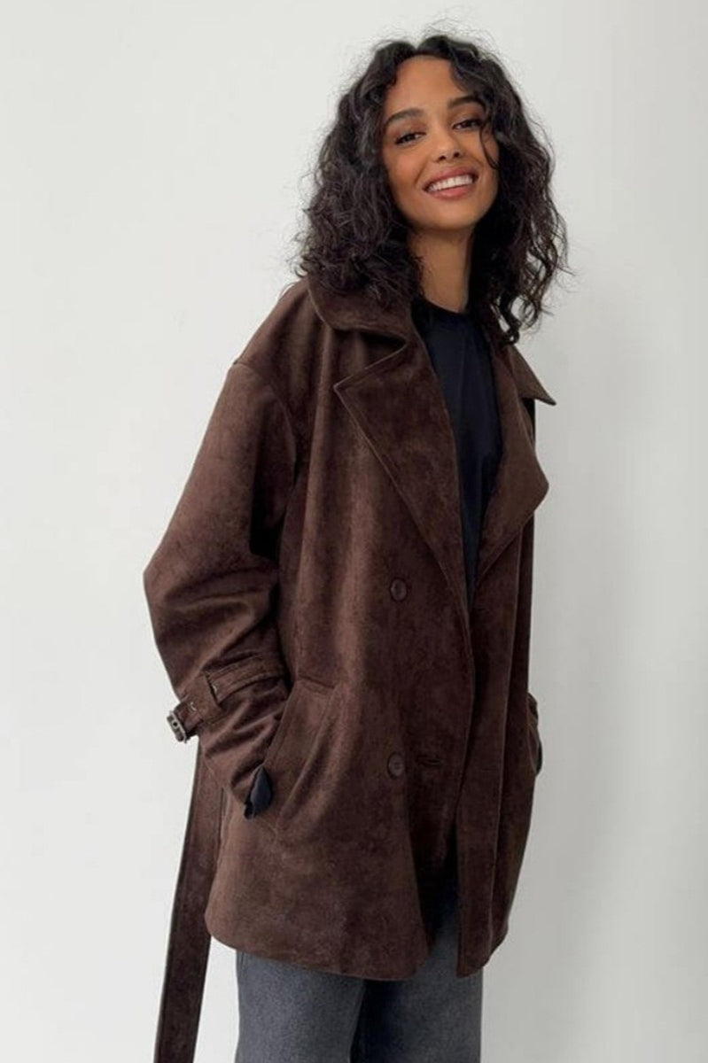 Suede Lapel Tie Waist Jacket Coat