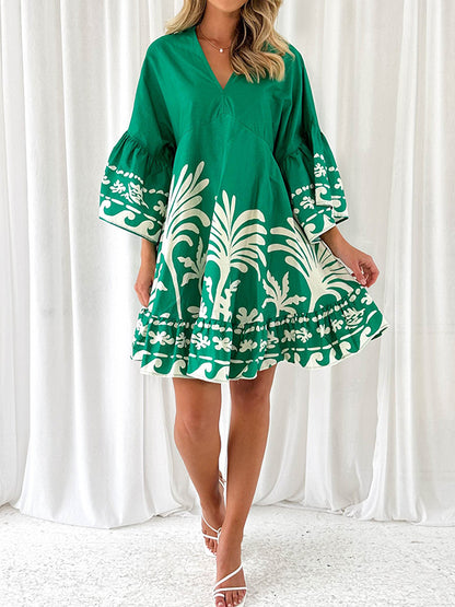 A-line Flared Sleeves Flower Print Pleated Split-joint V-neck Mini Dresses