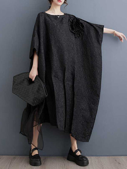 Batwing Sleeves Loose Asymmetric Flower Shape Gauze Jacquard Pleated Color Split-joint Round-neck Midi Dresses