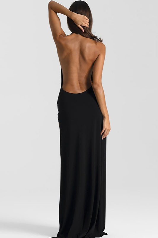 Halter Deep V Backless Slit Floor Maxi Dress
