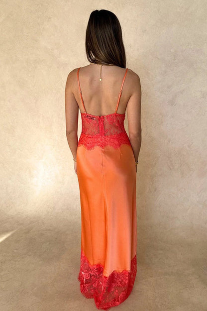 Deep V Sheer Lace Patchwork Maxi Dress