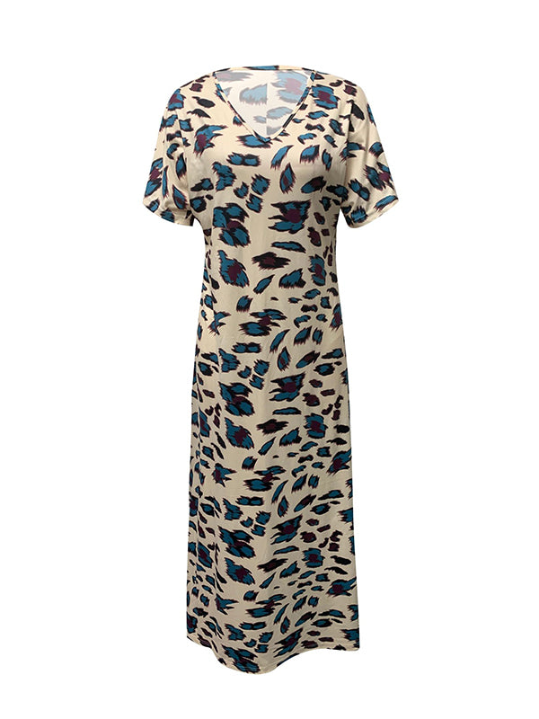 Loose Short Sleeves Printed Split-side V-neck Maxi Dresses