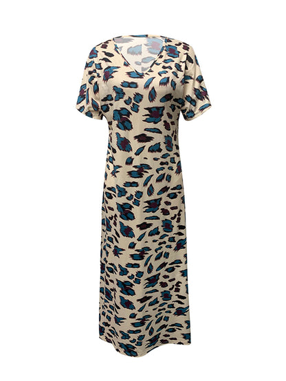 Loose Short Sleeves Printed Split-side V-neck Maxi Dresses