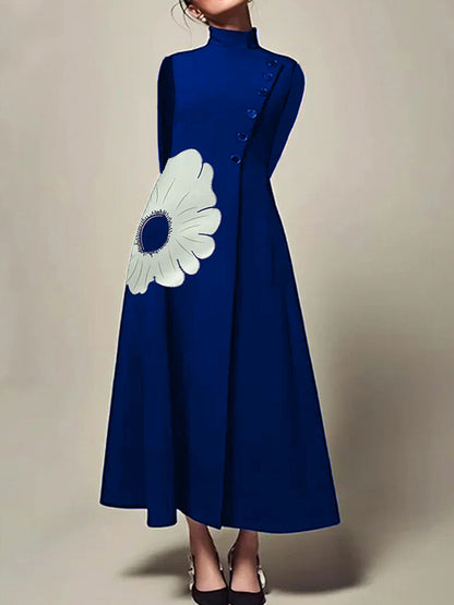 A-line Long Sleeves Flower Print High Neck Midi Dresses