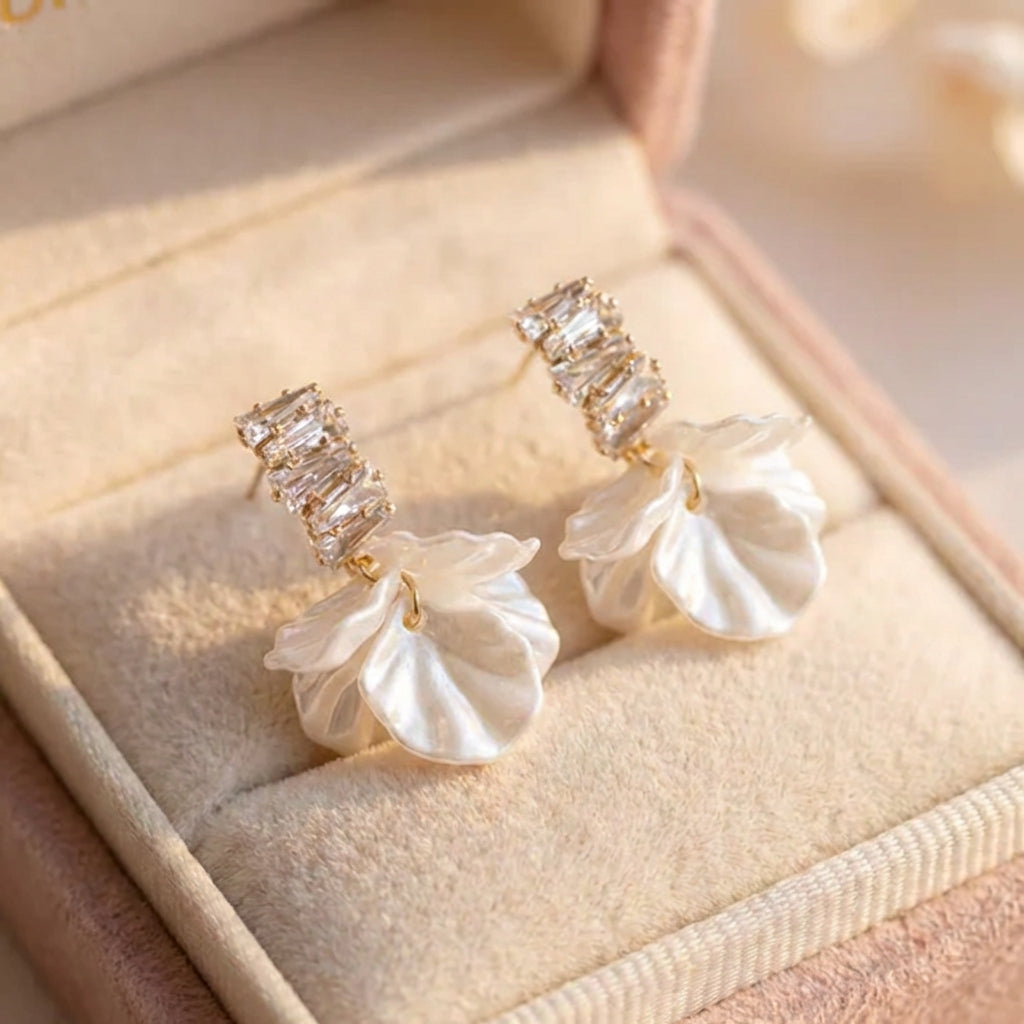 Elegant Gold Petal Earrings In White