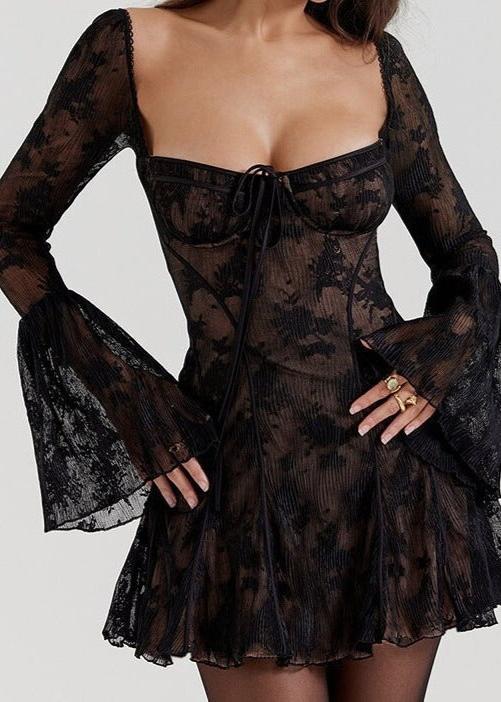 Self-tie Lace Long Sleeve Dress - Vibrant Red