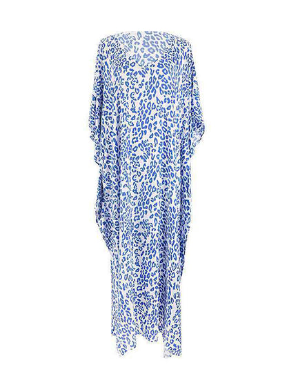 Batwing Sleeves Loose Leopard Split-side Sun Protection V-neck Cover-ups Swimwear Maxi Dresses