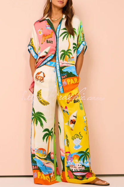 Kissed by the Sun Satin Unique Print Colorblock Elastic Waist Pocketed Wide Leg Pants