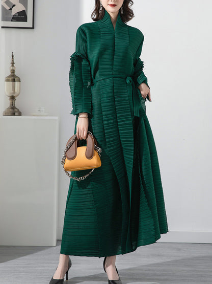 Long Sleeves Loose Tied Pleated Stand Collar Midi Dresses