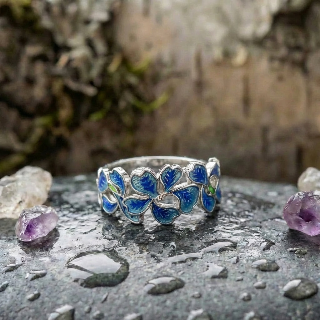 Elegant Blue Enamel Flower Ring