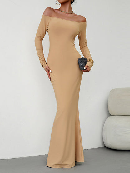 Bodycon Long Sleeves See-through Color Off-the-shoulder Maxi Dresses