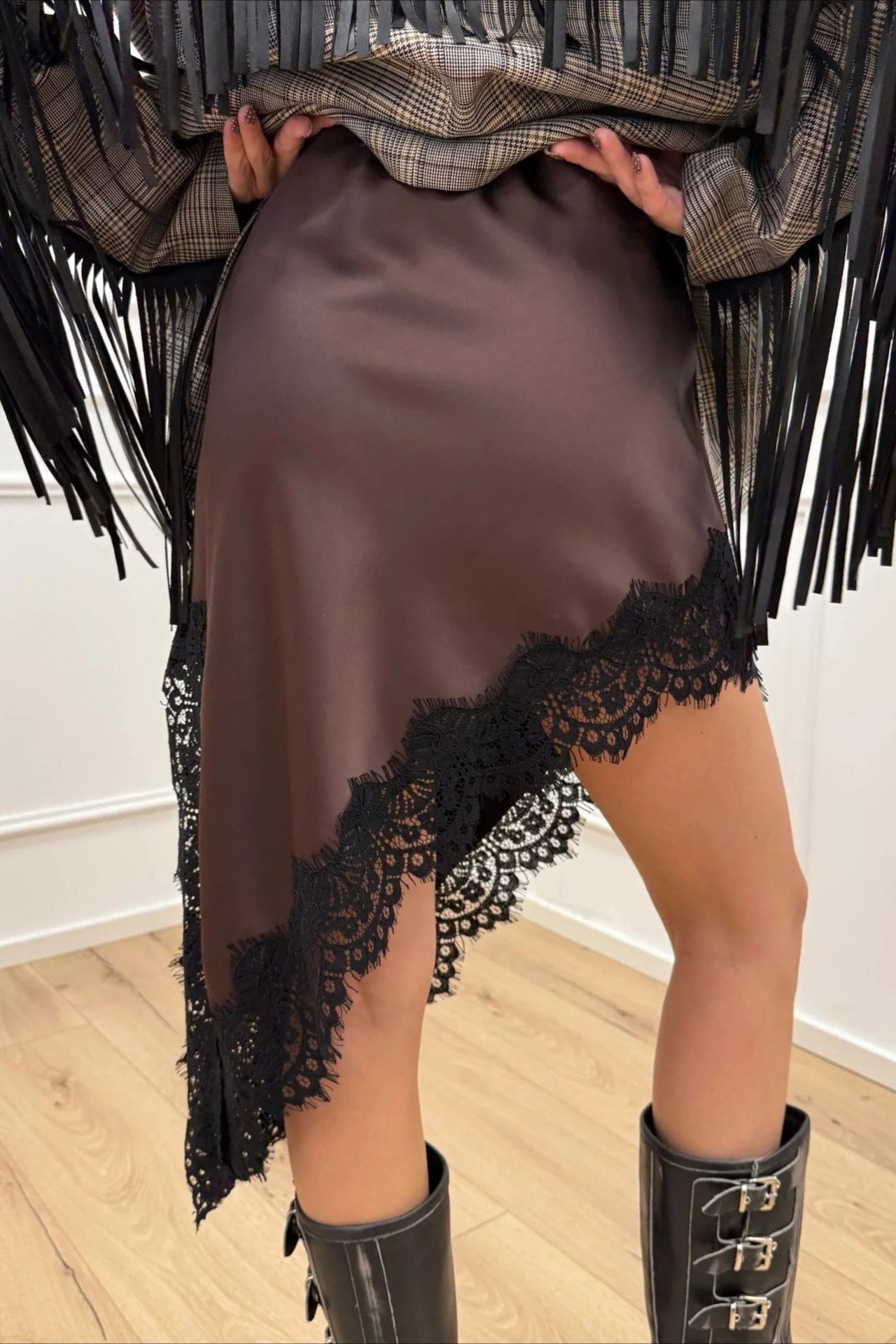 Satin Lace Asymmetric Split Slim A-line Mini Skirt