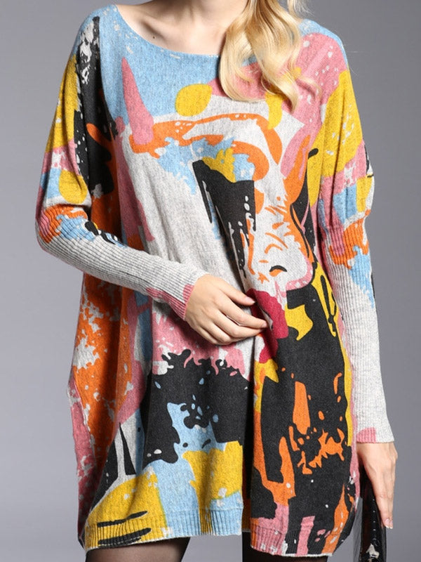 Wool Blend Contrast Color Printed Sweater