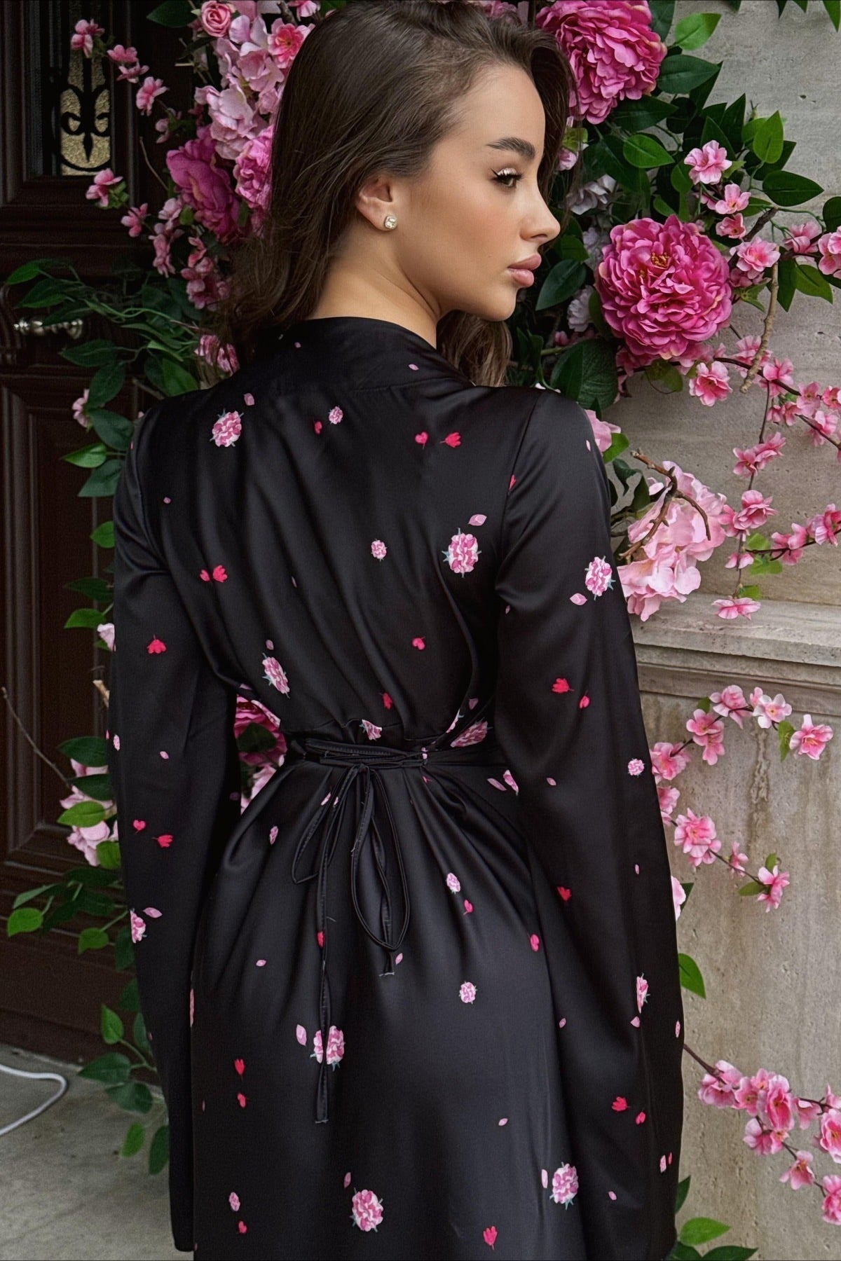 Satin V Neck Flared Hem Maxi Dress
