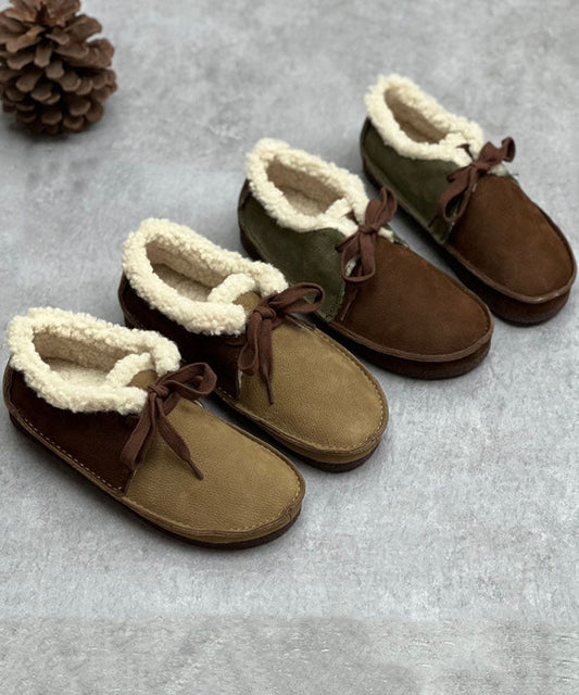 Coffee Flat Shoes for Lace Up Fuzzy Wool Lined Flat Shoes for
