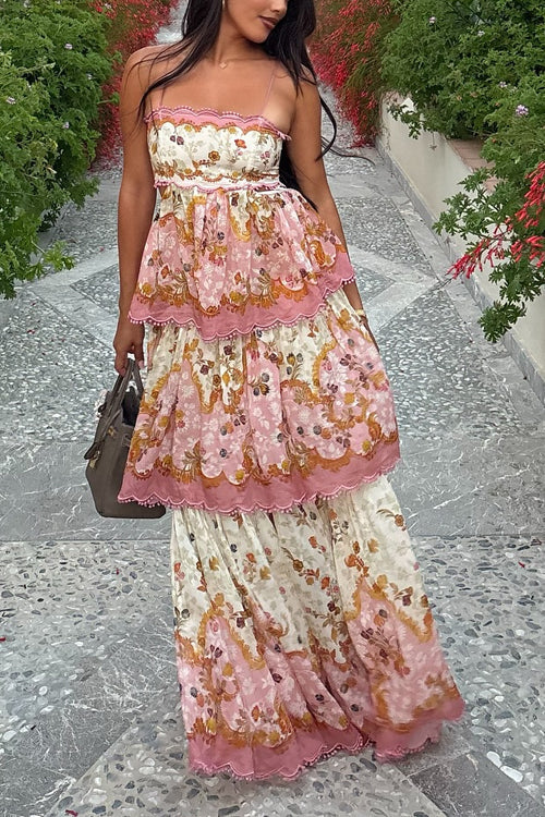 Spaghetti Strap Back Lace-up Ruffle Layered Print Maxi Dress