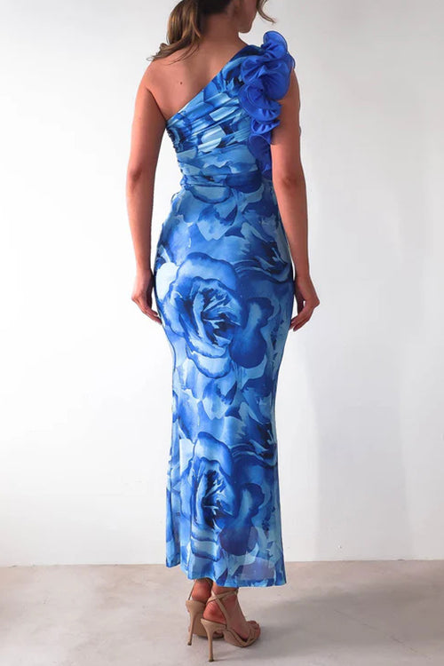 Moxidress Ruffle One Shoulder Print Bodycon Maxi Dress