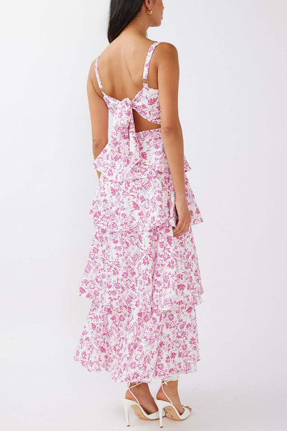 Print Tie-up Tiered Midi Dress