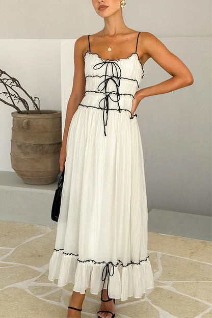 Spaghetti Strap Frill Trim Tie Bow Maxi Dress