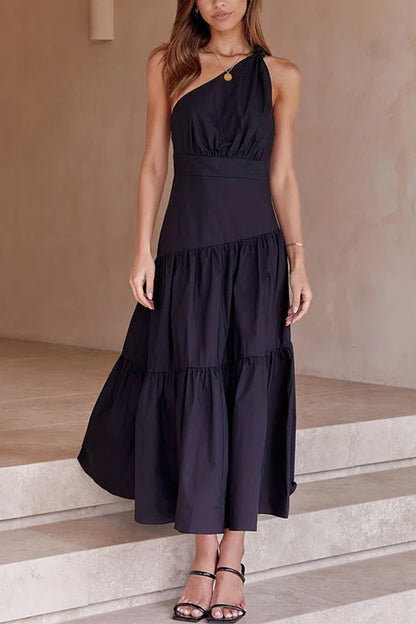 (4 Colors) One Shoulder High Waist Tiered Maxi Dress
