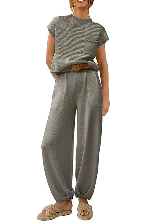Short Sleeves Ribbed Knit Pullover Ruched Harem Pants Set