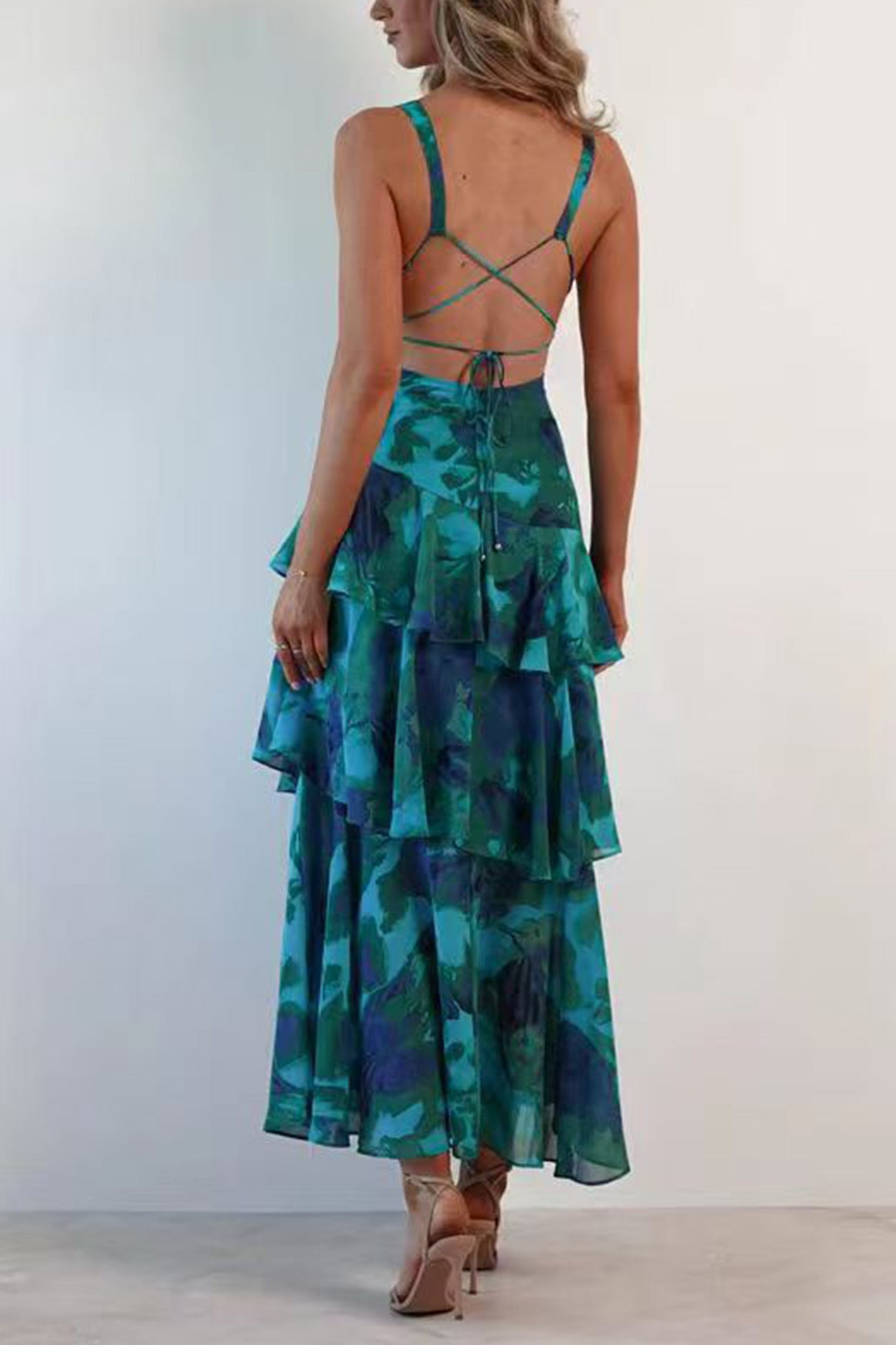 Print Tie-up Back Chiffon Tiered Dress