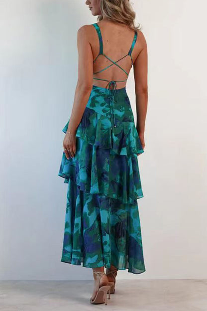 Print Tie-up Back Chiffon Tiered Dress