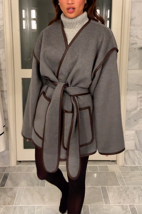 Open Front Pocketed Splice Coat With Belt