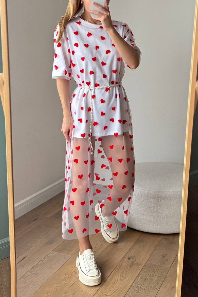 Heart Print Mesh Patchwork T-shirt Dress