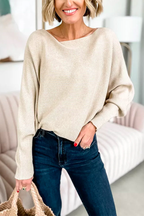 Boat Neck Batwing Sleeves Ribbed Knit Sweater