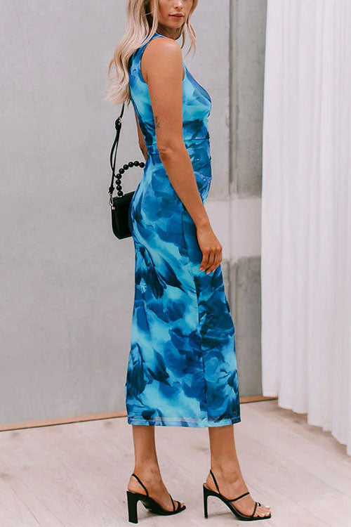 Moxidress Side Slit Sleeveless Print Bodycon Midi Dress