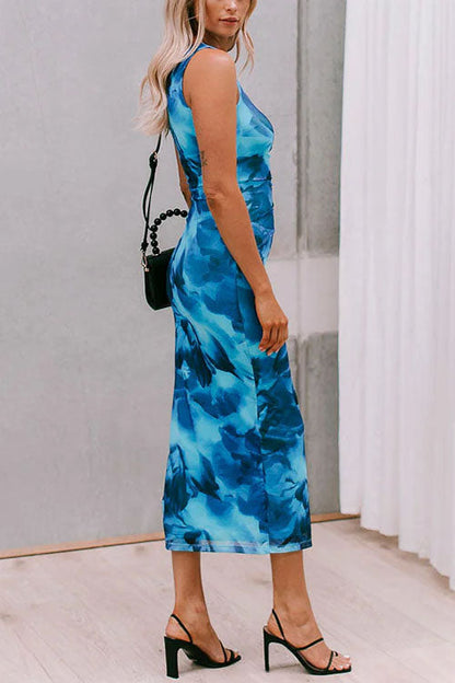 Side Slit Sleeveless Print Bodycon Midi Dress