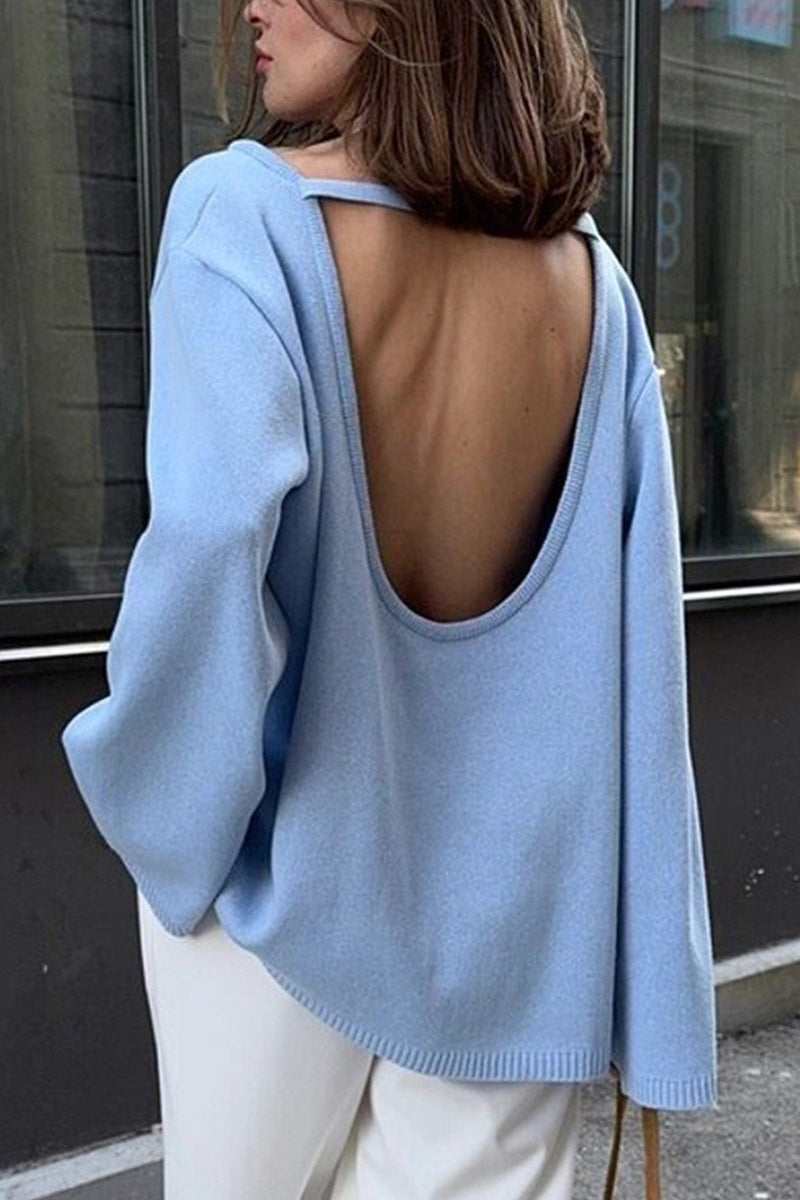 Crew Neck Backless Cotton Sweater