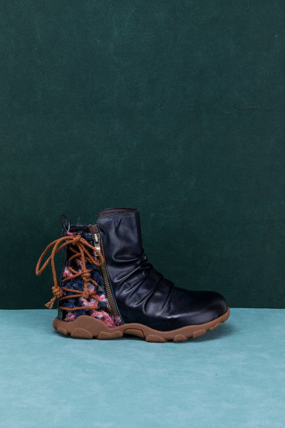 Soffia | Ruched Black Leather Combat Boot