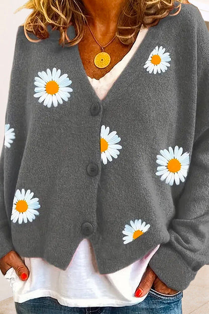 V Neck Button Up Daisy Embroidery Sweater Cardigan