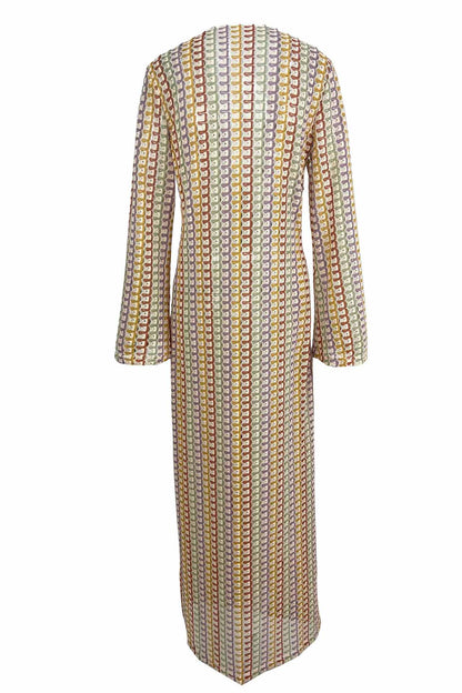 V Neck Bell Sleeve Wavy Striped Crochet Beach Vacation Maxi Dress