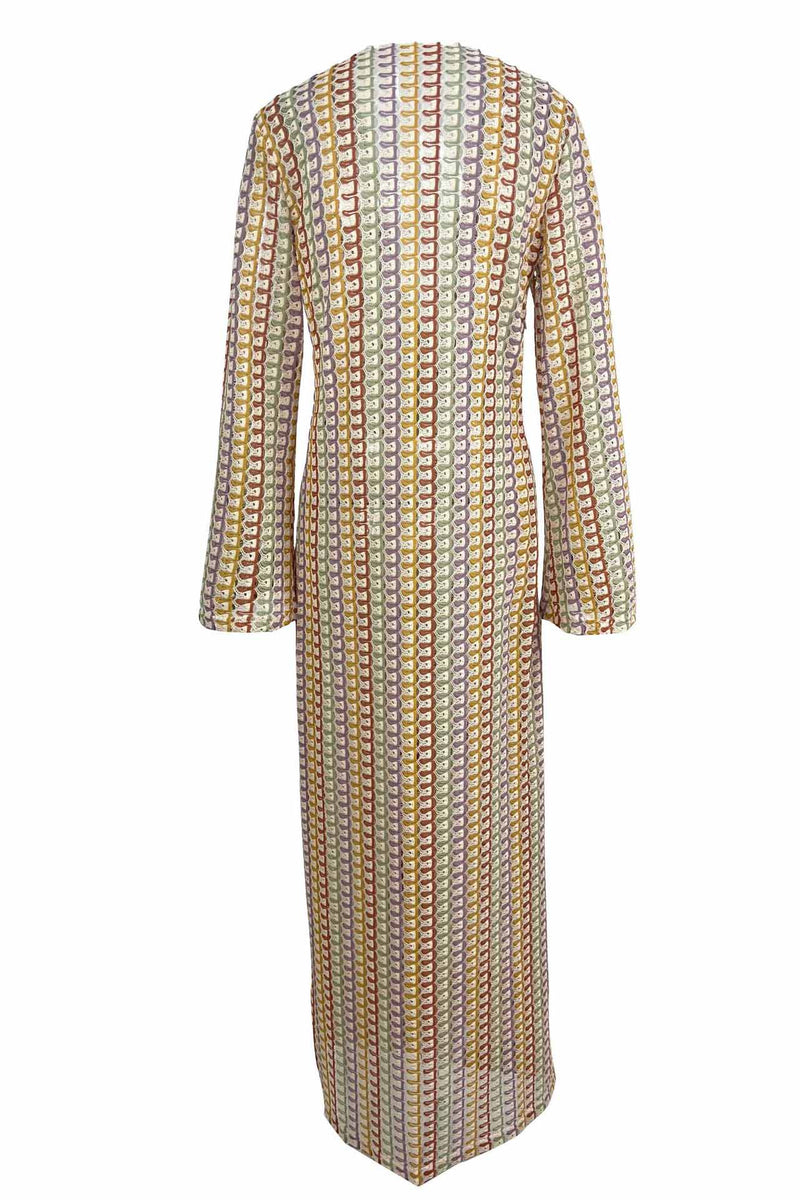 V Neck Bell Sleeve Wavy Striped Crochet Beach Vacation Maxi Dress