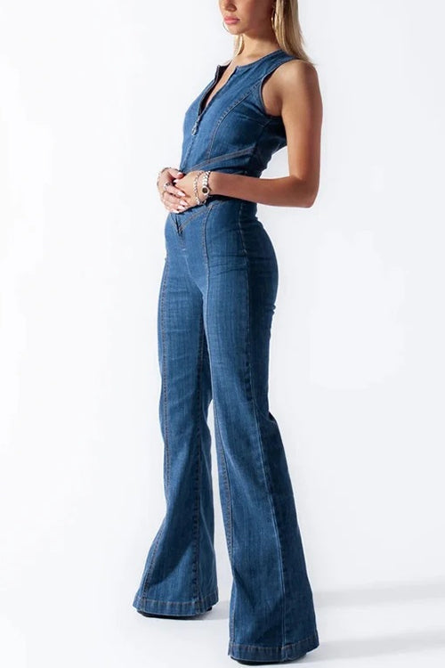 Zip Up Sleeveless Heart Back Bell Bottom Denim Jumpsuit