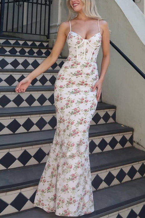 Moxidress Spaghetti Strap Corset Print Bodycon Maxi Dress