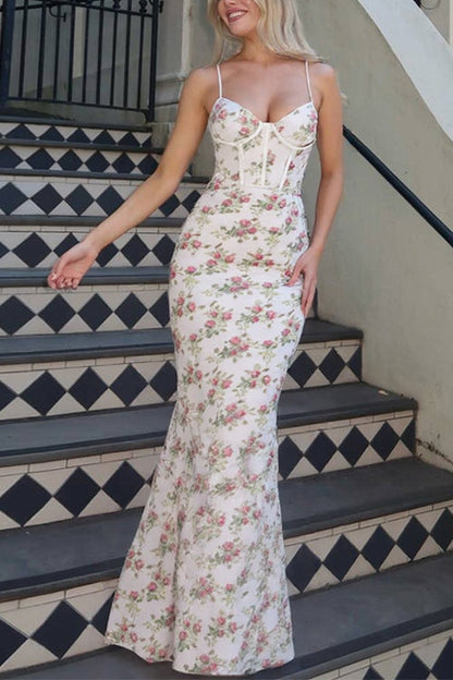 Moxidress Spaghetti Strap Corset Print Bodycon Maxi Dress