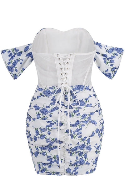 Blue Print Ruched Mini Dress