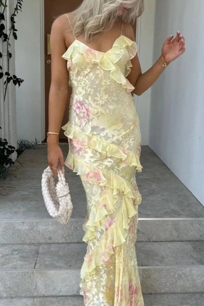 Moxidress Spaghetti Strap Backless Ruffle Trim Printed Maxi Dress