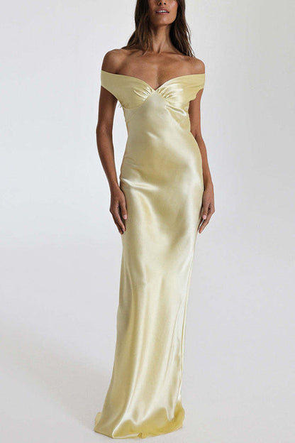 Moxidress Off Shoulder Backless Cut Out Satin Maxi Dress