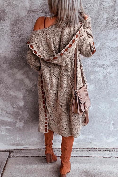 Elbow Patch Color Block Hoodied Midi Cardigan