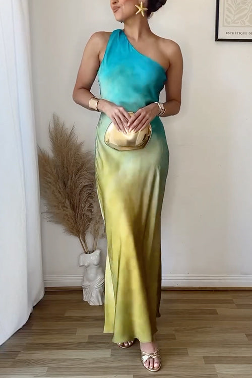 One Shoulder Back Cut Out Gradient Tie Dye Maxi Dress