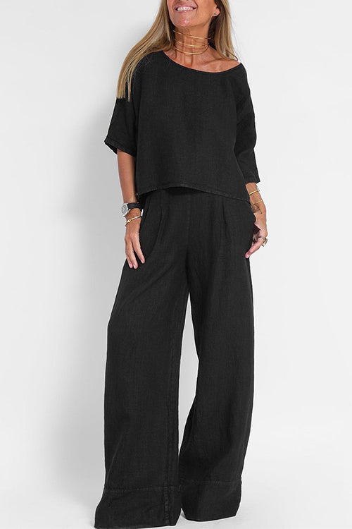 Round Neck 3/4 Sleeves Pullovers Wide Leg Pants Cotton Linen Set
