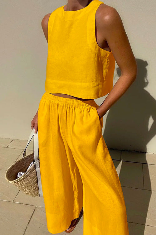 Crewneck Crop Tank Top Elastic Waist Wide Leg Pants Set